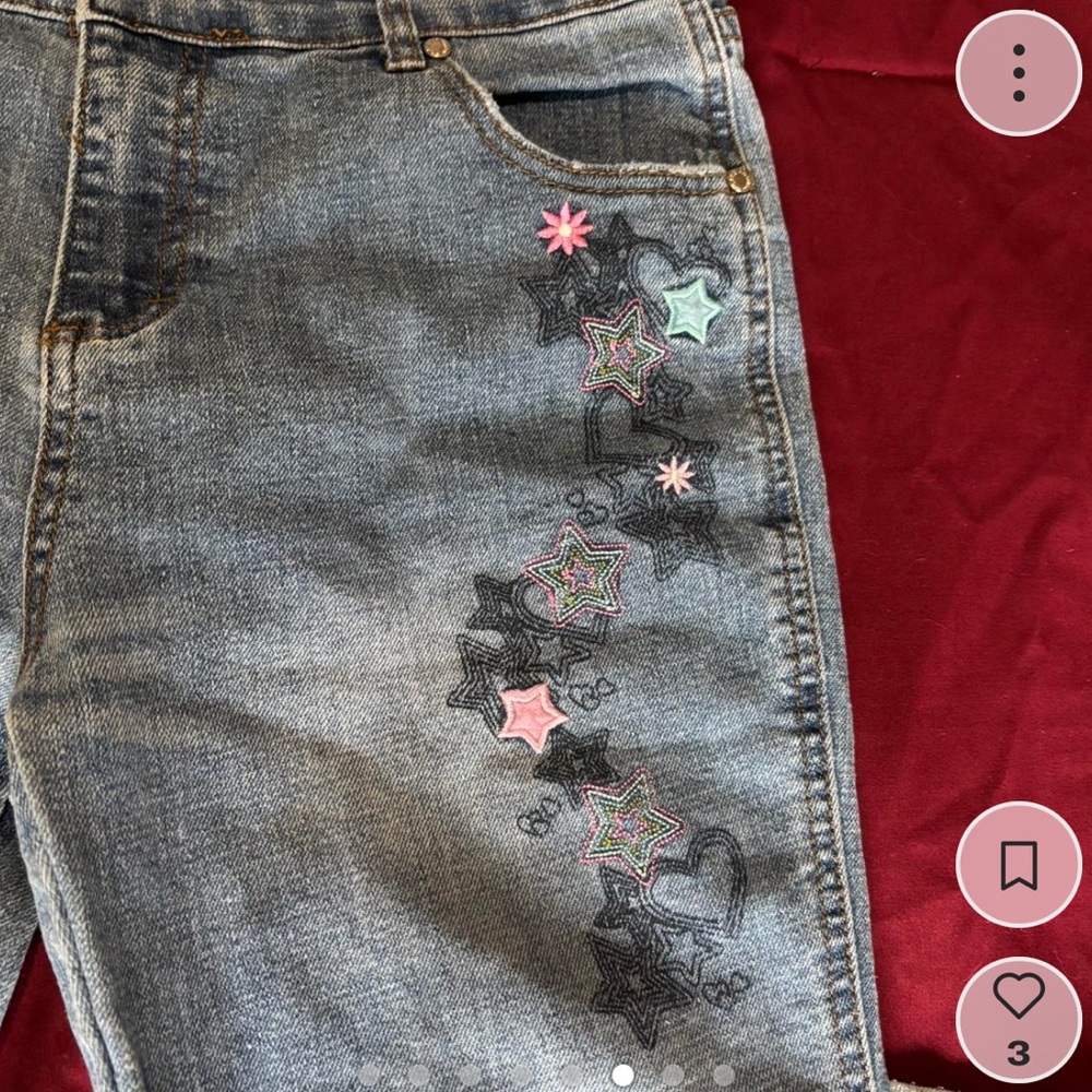 French Toast y2k embroidered low rise flare jeans, star / heart / flower graphic - Picture 6 of 8